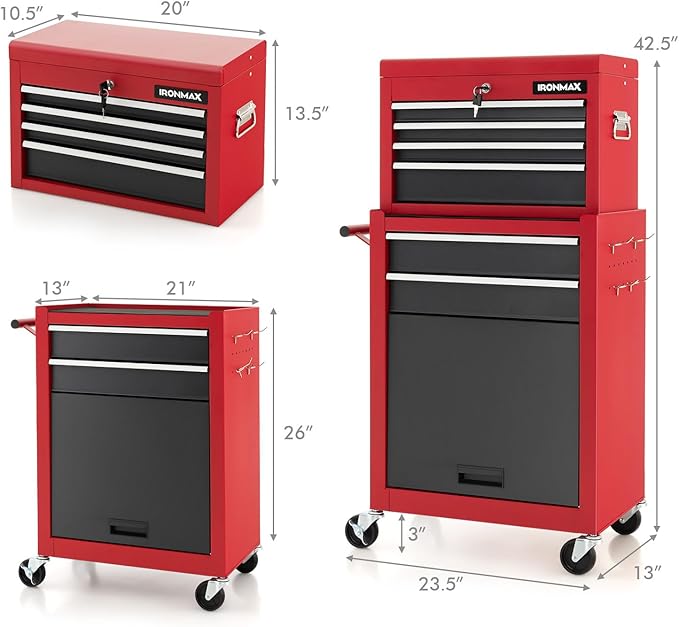 ERGOMASTER Rolling Tool Chest Cabinet Big Capacity Storage with Wheels and Lock Key, Portable Tool-Box Organizer with Sliding Drawers - 6 Drawers & BlackRed