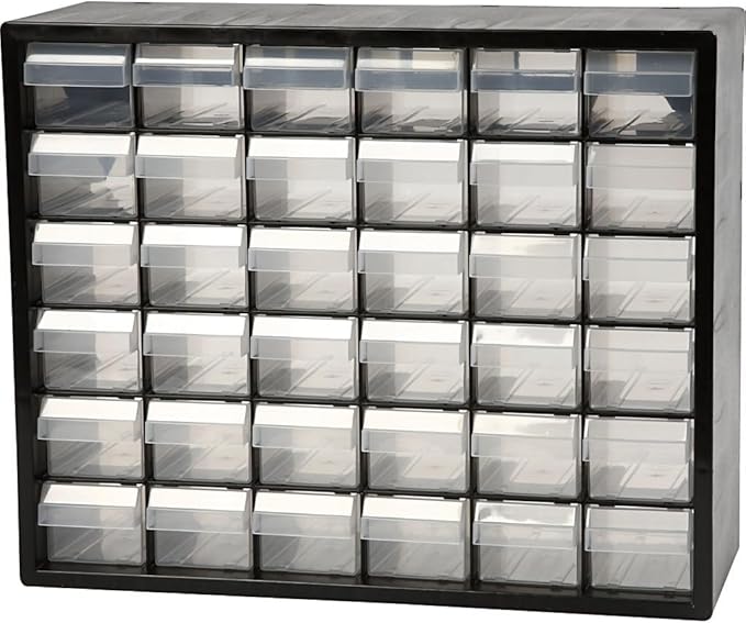 Raaco Plastic Storage Cabinet, 36-Drawer Black Organizer – Impact Proof Plastic Drawer – Small Parts, Screws, Nuts & Bolts, Crafts, Makeup & Toy Storage – Wall Mount or Freestanding (PC36)