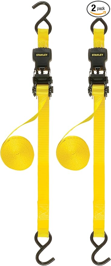 STANLEY S10002-12 Black/Yellow 1" X 12' Ratchet Straps - 500 LBS Safe Working Load / 1,500 LBS Break Strength, 2 Pack
