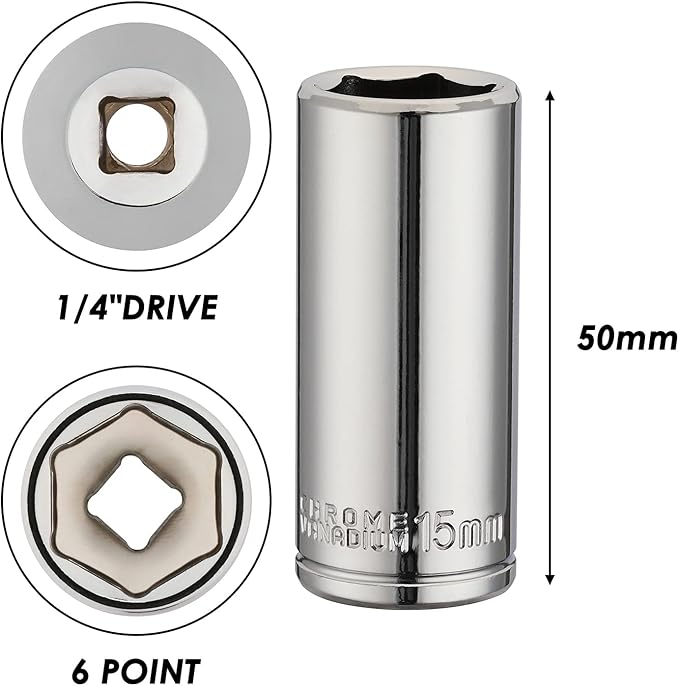 MIXPOWER 4PCS 1/4"Drive 15mm Deep&Shallow Socket, 6 Point, Cr-V Steel, 15mm