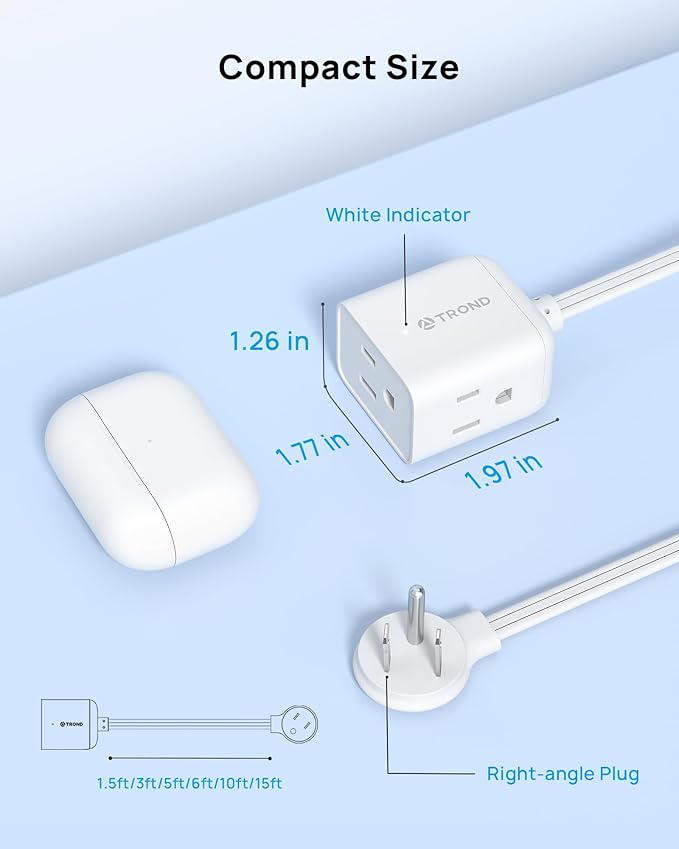 TROND Short Flat Extension Cord 1.5ft - Right Angled Flat Plug Power Strip, ETL Listed, 3 Plug Extension Outlets, Three Prong, SPT 16/3 Gauge, 13A, Small for Indoor Home Office Cruise Travel, White