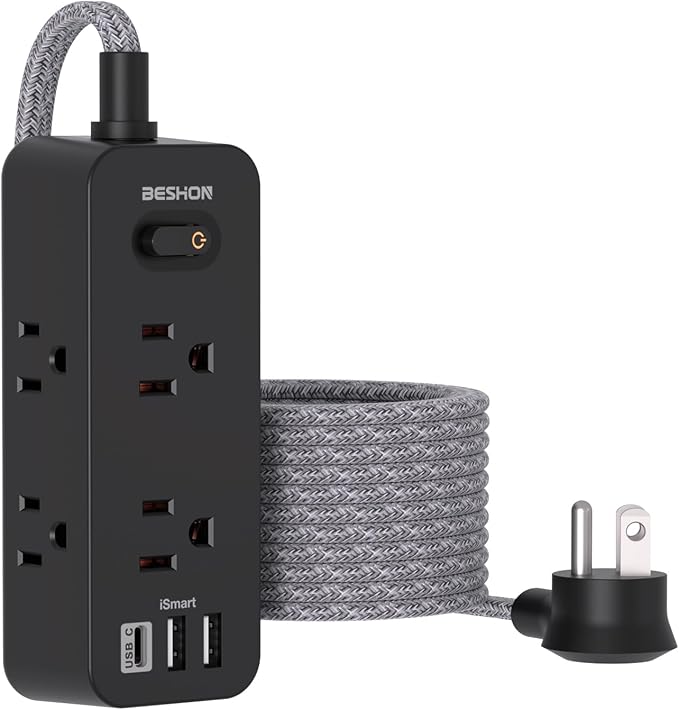 10 FT Black Extension Cord, BESHON Surge Protector Power Strip with 6 Outlets 3 USB Ports(1 USB C), 3-Side Outlet Extender, Flat Plug, Wall Mount for Home, Office, Travel, and Dorm Essential