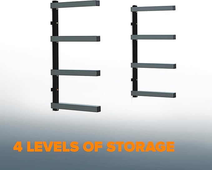 Bora 4-Level Lumber Storage Rack Wood and Garage Organization Space-Saving Metal Shelf for Pipes, Boards, Plywood, and Building Materials - PBR-004B Black Gray