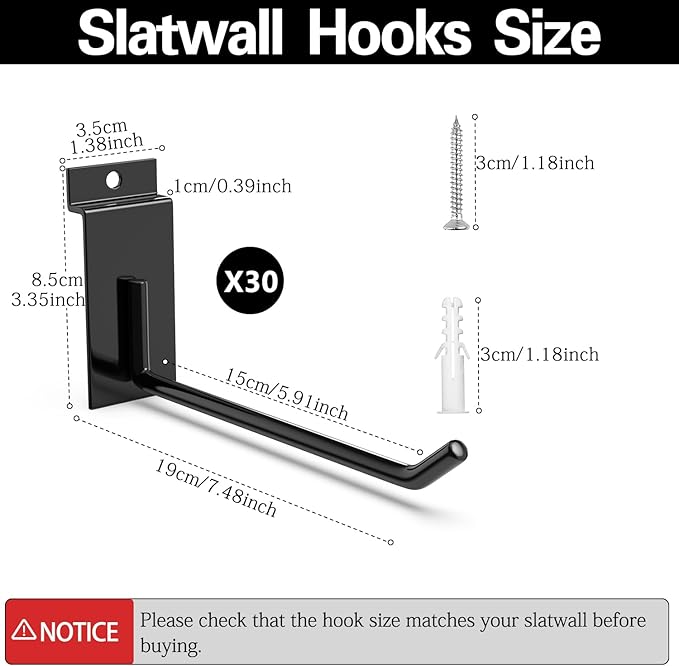 3-H Slatwall Hooks 30PC,7 Inch,Extra Large Thick Backplate (3.35×1.38 x 0.08 Steel),Heavy Duty Smooth Glide,Compatible with Proslat,Crownwall &Standard Slatwall Panels for Garage,Retail Display