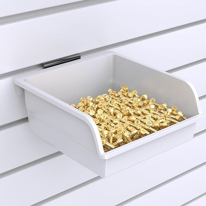 Slatwall Bins with Hooks Plastic Slatwall Organizer Slatwall Containers Workbench Bins for Slat Wall Organizing Hardware, Garage, Craft Room, Tool Shed, Hobby Supplies (6, White)