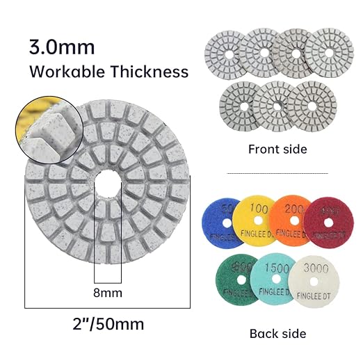 2 Inch Diamond Polishing Pads with 7Pcs Dry Wet Granite Stone Polish Pad Kit for Drill，50-3000 Grit Polishing Pad (7Pcs Dry/Wet Pads+1 Drill Adapter)
