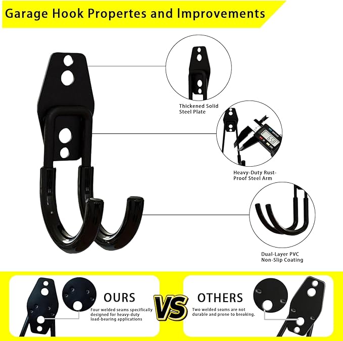 10 Pack Garage Hooks Heavy Duty with Anti-Slip Coating, Steel Utility Ladder Hooks for Hanging Garden Tools, Hoses, Ropes, Bikes and More (2.8in)