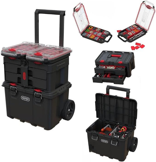 Stack N’ Roll 4-Piece Rolling Tool Storage System – Includes Large Rolling Tool Box, 2-Drawer Tool Box & 2 Tray Organizers | Modular Stackable Tool Storage with Wheels for Garage & Workshop