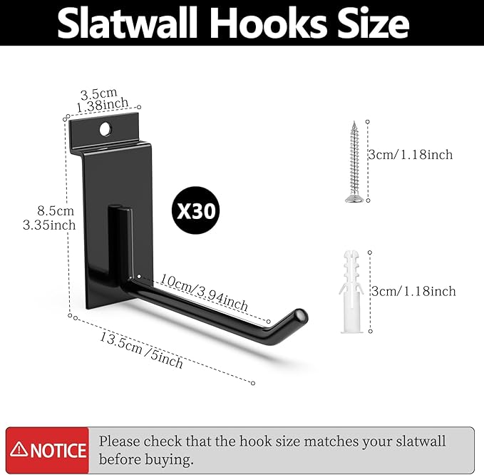 3-H Slatwall Hooks 30PC, 5 Inch, Extra Large Thick Backplate(3.35×1.38 x 0.08 Steel), Heavy Duty Smooth Glide, Compatible with Proslat, Crownwall &Standard Slatwall Panels for Garage, Retail Display