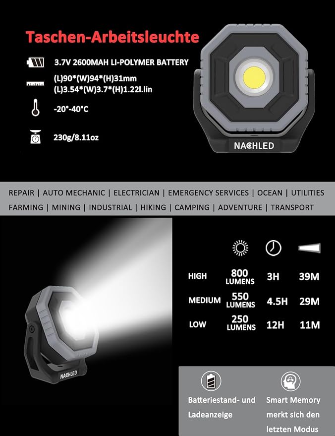 Work Light，800lm Pocket Mechanic Light，Type-C Rechargeable 2600mAh, 360° Rotating Magnetic Stand, IP65,for Car Repair,DIY & Maintenance(Gray)