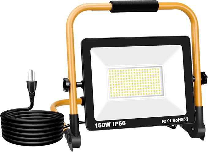 Willpower Portable LED Work Light 150W Job Site Lights 15000LM IP66 Waterproof Construction Floodlights Outdoor with Stand 6000K Daylight White for Camping Workshop Garage with 3.5m Wire Plug