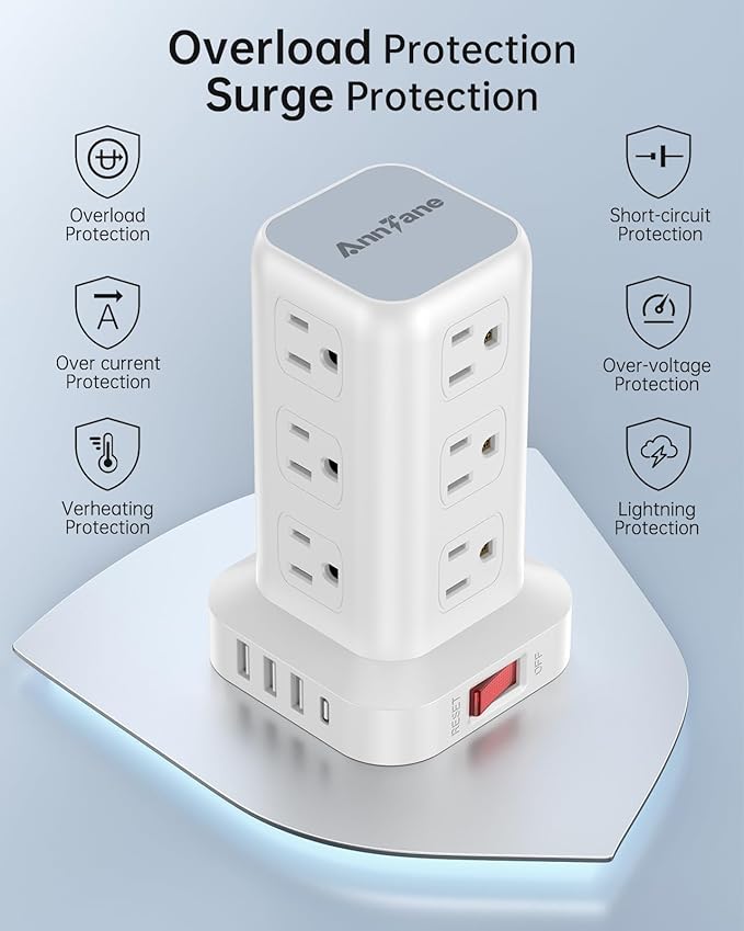 AnnTane Surge Protector Power Strip 10 FT Cord, Power Strip Tower with 4 USB Ports (1USB C), Extension Cord with 12 AC Multiple Outlets, Home Office Supplies Desk Accessories, Dorm Room Essentials