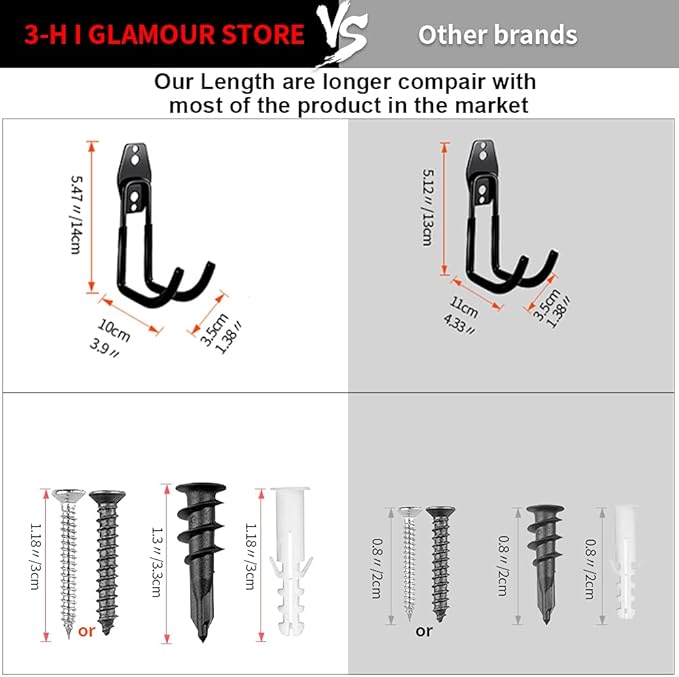 3-H Garage Wall Hooks 10 Pack,Garage Hooks Heavy Duty,Garage Storage Hooks for Hanging and Organizing Garden,Lawn,Yard Tools,Chairs,Ladders,Weed Eater,Shovel,Blower(Black)