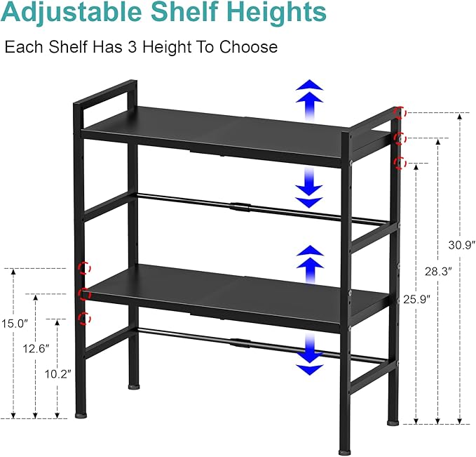 Expandable Metal Storage Shelves, 300 LBS Heavy Duty Metal Shelving Unit Rack For Pots And Pans Appliances Heavy Items, Adjustable 2 Tier Storage Shelf Rack Organizer For Kitchen Pantry Garage Laundry
