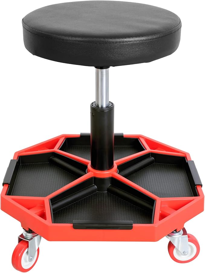 Big RED ATRXF8308R Torin Heavy Duty Pneumatic Garage Rolling Stool/Creeper Seat with Removable Plastic Tray, 300 lb Capacity, Black/Red