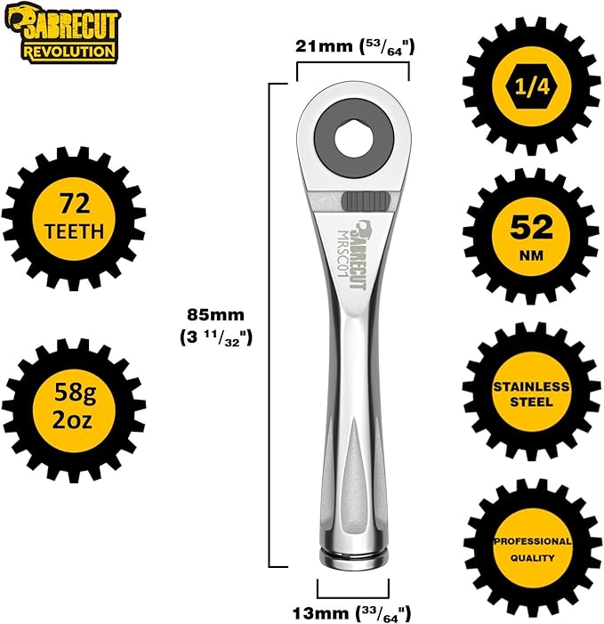 SabreCut 1 x MRSC01 Mini Micro Ratchet 1/4" Hex Stainless Steel Professional 72 Tooth Gear Hand Ratchet Wrench