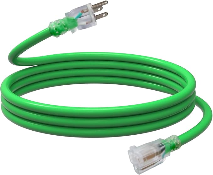 EP 10 Ft Outdoor Extension Cord, 12/3 SJTW Heavy Duty Waterproof Power Cable, 3 Prong Grounded Plug, Lighted End, for Lawn, Garden, Appliances, Green