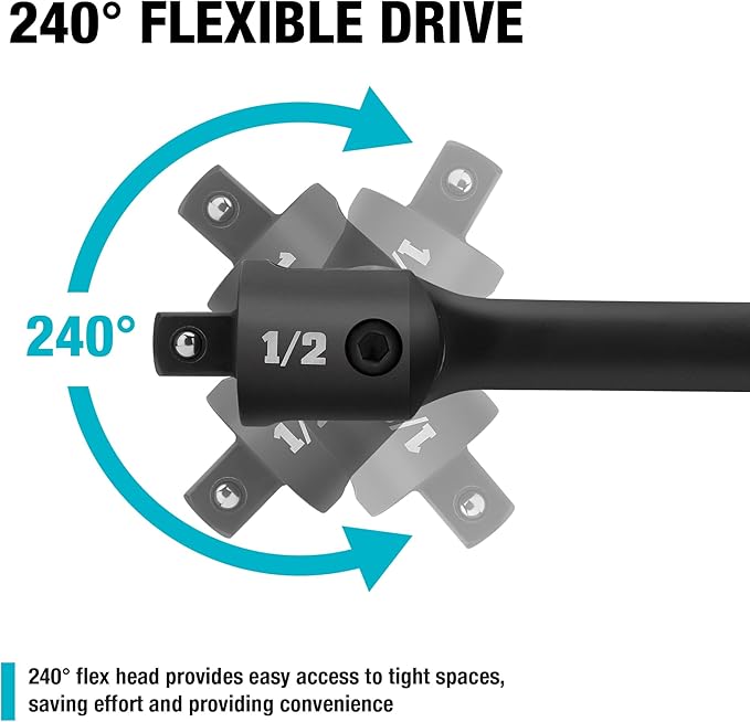 DURATECH Breaker Bar, 1/2'' Drive 24-Inch Breaker Bars Heavy Duty, with 240° Flex Head, Spring-loaded Detent Ball, CR-MO Head, Premium Black Phosphate Finish