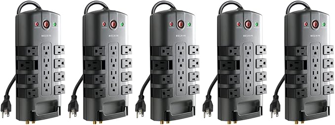 Belkin Surge Protector w/ 8 Rotating & 4 Standard Outlets (Pack of 5) - 8ft Sturdy Extension Cord with Flat Pivot Plug for Home, Office, Travel, & Desktop - Power Strip - 4320 Joules