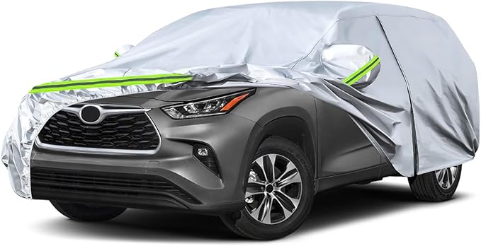 Waterproof Car Covers Replace for 2008-2025 Toyota Highlander, 6 Layers Silver All Weather Car Cover with Zipper Door & Windproof Bands for Snow Rain Dust Hail Protection