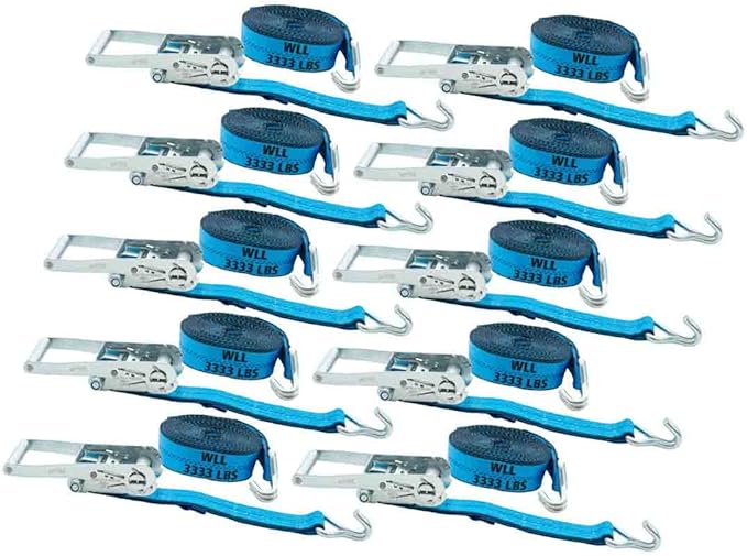 Mytee Products (10 Pack 2 Inch x 27 FT Blue Ratchet Strap with J Hooks - 10,000 Lbs Breaking Strength - Heavy Duty Tie Down Cargo Truck Straps with Wire Hooks for Flatbed, Truck, Trailers Pickup