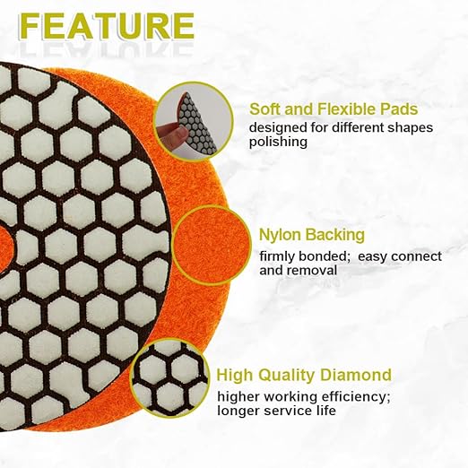Dry Diamond Polishing Pads 4"/100mm - 7pcs 50/100/200/400/800/1500/3000 Polish Pad Kit with 5/8"-11 Backer Pad+Adapter for Granite Marble Artificial Stone Quartz for Angle Grinder