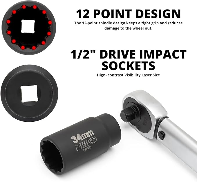 NEIKO 02530A 5 Piece 12 Point Socket Set 1/2” Drive, Lug Nut Remover, Spindle Nut Socket, Axle Nut Socket Set, Metric 30mm - 36mm Socket 1/2 Drive Impact Set, Cr-Mo Impact Adapter, 3/4" - 1/2” Reducer