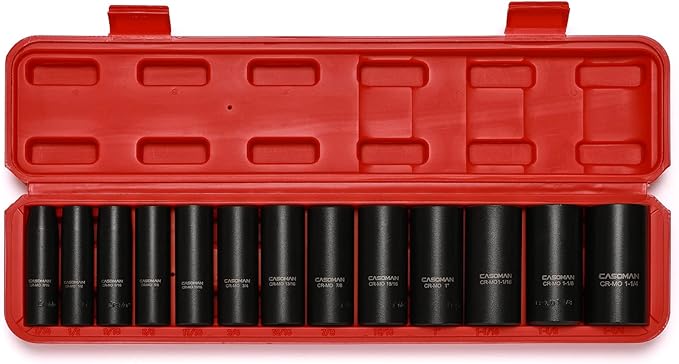 CASOMAN 1/2-Inch Drive Deep Impact Socket Set, 13 Pieces Set, 7/16"-1-1/4", CR-MO, SAE, Heavy Duty Storage Case