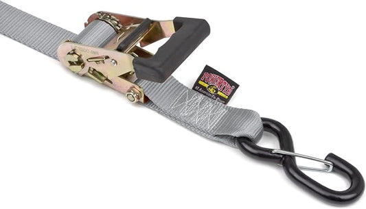 PowerTye 1.5in x 7ft Rubber Handle Ratchet Straps with SHEEPTEX Synthetic Sheepskin Soft-Tye w/Heavy Duty Latch-Hooks - 1,200 lb. WLL / 3,600 lb. Breaking Strength - Made in USA, Silver (Pair)