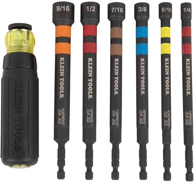 Klein Tools 66070 Impact Socket Set, Impact Driver Flip Socket, Five Sockets & 32950 Ratcheting Impact Rated Hollow Power Nut Driver Set with Handle, Magnetic