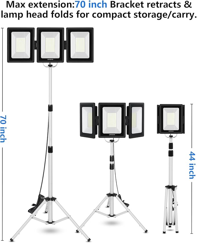 UFOND 21000 Lumens LED Work Light with Stand, 3-Head Foldable White Worklight with Separate Switches, Telescoping Tripod 10Ft Cord, Waterproof Job Site Light, for Garage Construction Camping