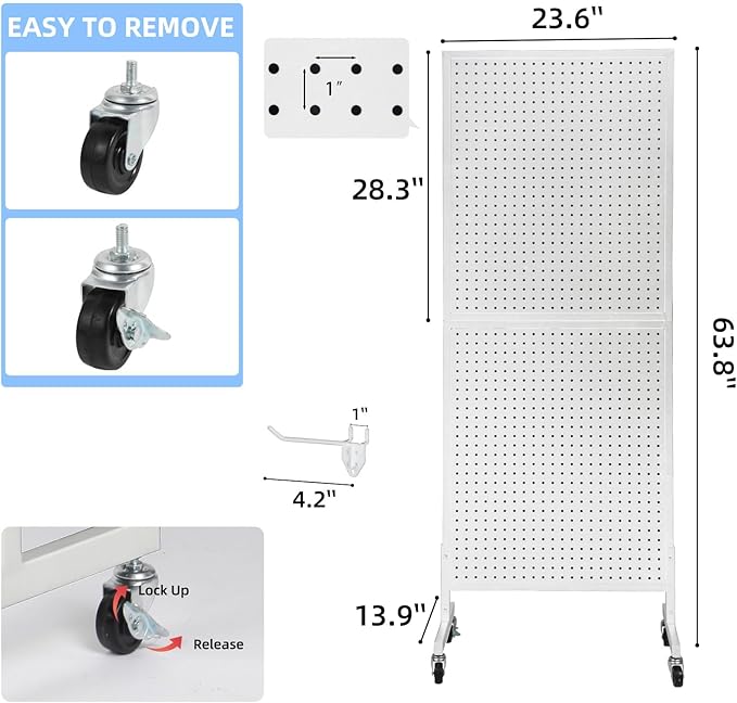 NectaCol 2'x 5' Standing Pegboard Display with T-Base, Pegboard Display Stand with Wheels, Metal Peg Board Display Rack, Art Display Stand, Extra 10 Pieces Hooks - White