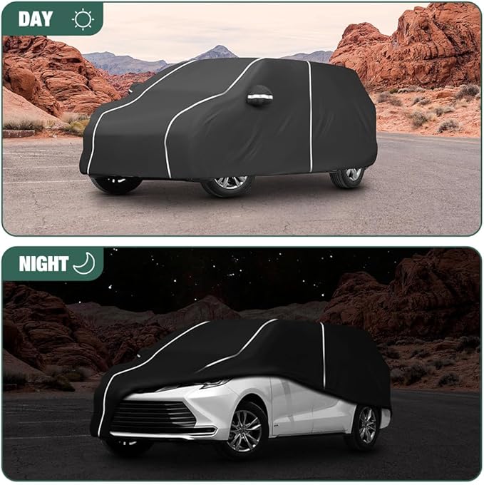 Fluorescent Strip Design Waterproof Car Cover Compatible for Toyota Sienna Minivan 2003-2024 All Weather 6 Layers Full Car Cover Safe Parking at Night with Storage Bag
