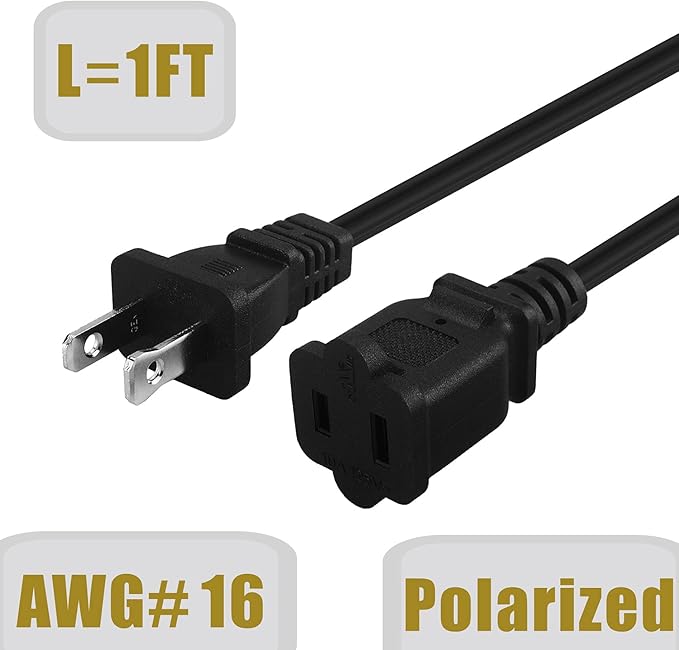 [2-Pack] Short 1-Foot Polarized US 2-Prong Male-Female Extension Power Cord,16AWG 2 Outlet Extension Cable 2-Prong 10A/125V,Nema 1-15P to 1-15R Extension Cable