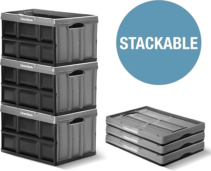 CleverMade Collapsible Storage Bins 62L (3-Pack) – Heavy Duty Collapsible Plastic Storage Bins, Large Stackable Folding Storage Bins for Garage, Car, Grocery & Home Organization - Ocean