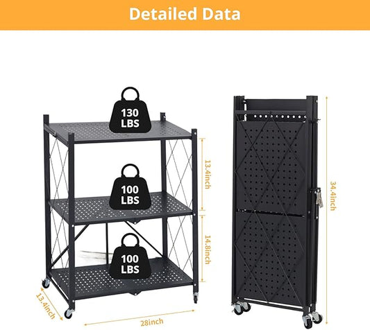3 Tier Foldable Storage Shelf with Wheels, Heavy Duty Collapsible Metal Shelf Rack Folding Bookshelf, No Assembly Rolling Cart for Kitchen, Pantry, Closet, Office, Bathroom, Garage Organizer, Black