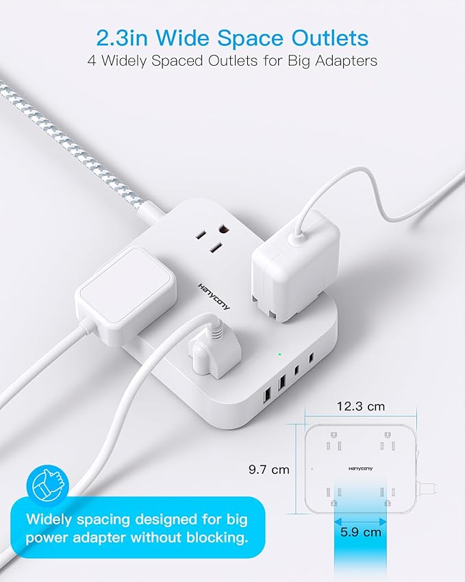 10 Ft Extension Cord, HANYCONY Ultra Thin Flat Power Strip with 4 Outlets 4 USB Ports (2 USB C), Wall Mount, Multi Plug Outlet Extender Desk Charging Station for Office Travel Dorm Room Essentials