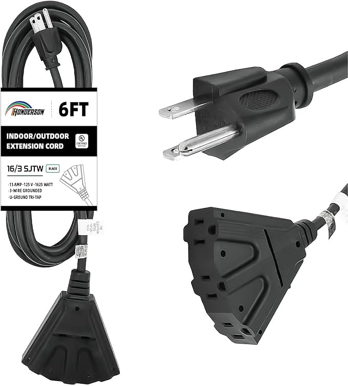 3-Outlets Indoor Outdoor Extension Cord Weatherproof, UL Certified, 16 Gauge 6FT Black 3 Prong Heavy Duty, 16/3 SJTW 13A Power Cord