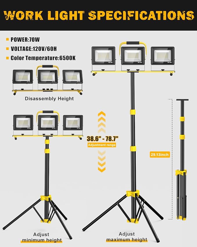 Upgraded LED Work Lights with Stand, 21000 Lumen 3-Head Adjustable Work Light, IP66 Waterproof Construction Tripod Light, Foldable & Portable Work Lights for Garage, Job Site, Outdoor Use