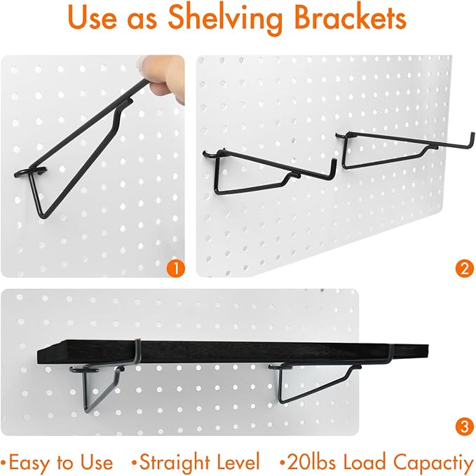 2 Pack Pegboard Shelves with Brackets, Peg Shelf Board with Hooks Fits 1/8" 1/4" Pegs Slots, Peg Board Organizer Accessories Various Tools Storage Arrange System for Garage Craft Workshop Workbench