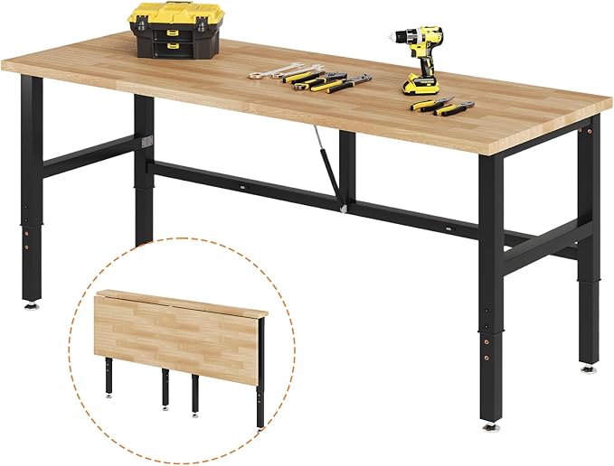 SPECRAFT 60" Folding Workbench, Adjustable Foldable Workbench with 2000 LBS Capacity, 30.7"-40" Height, Rubber Wood Top for Garage, Workshop, Office