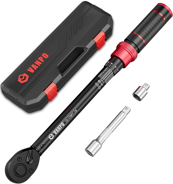 VANPO 1/2-inch Drive Click Torque Wrench,10-170 Ft-Lb/13.6-230.5 Nm, Adjustable Torque Wrench Set with 1/2" to 3/8" Adapter, 125mm Extension Bar, 72-Tooth Torque Wrench for Moto, Car Maintenance