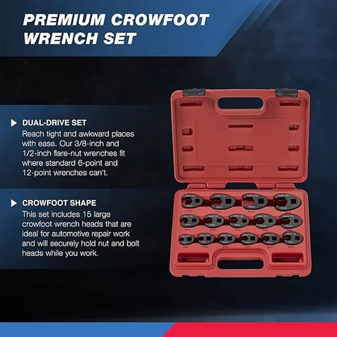 Neiko 03324A Crowfoot Wrench Set 1/2" and 3/8” Drive, 15 Piece, Metric Crows Foot Wrench Sizes 8mm-24mm, Chrome-Moly Flare Nut Wrench Set