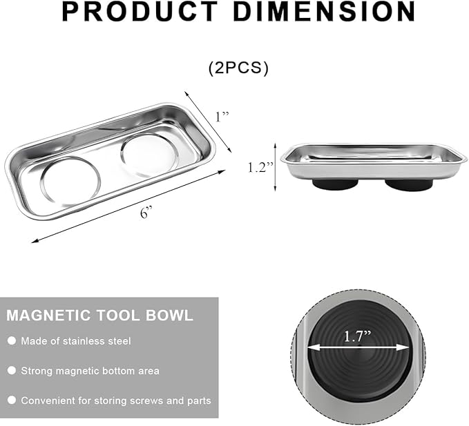 2 PCS Magnetic Parts Tray Set, Stainless Steel 5.6"×2.5" Square Magnetic Tool Tray for Mechanic's, Thickened Magnet Parts Tray for Screws, Bolts, Nuts, Washers, Pins