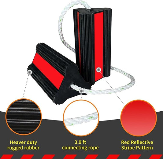 Vacallity Wheel Chocks for Travel Trailers Camper RV Truck Car, Solid Rubber Sturdiness Heavy Duty Simple Easy to use, Tires Chock Block Stopper with Nylon Rope Red Reflective Tape