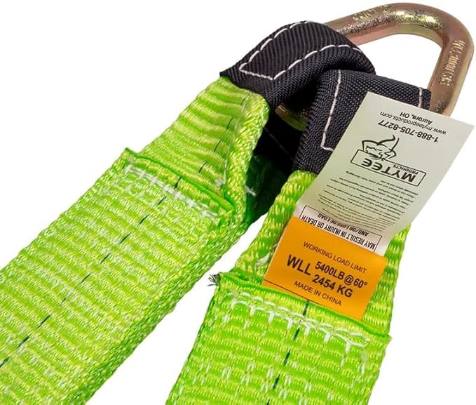 Mytee Products Tow Straps V Bridle 3" x 48" w/RTJ Clusters, Hi VIZ/HI Abrasion Green Webbing, 5400 lbs WLL | Recovery V Strap w/Reinforced Webbing for Towing, Wrecker, Rollback, Car Hauler