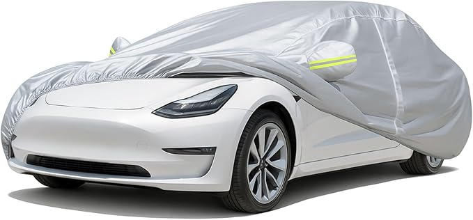 Favoto Car Cover for Tesla Model 3 - Custom Fit Vehicle Cover 6 Layers Waterproof Outdoor All Weather Snow Rain Sun Protection with Charging Port Ventilated Mesh Door Zipper