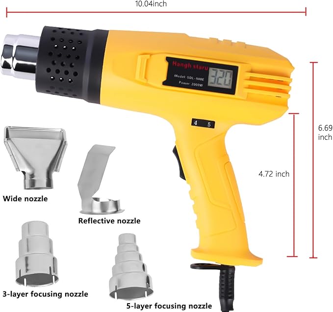 Heat Gun Digital Display 2000W, 140℉-1112℉ Variable Temperature Hot Air Gun, 2 Speed Settings, Overheat Protection, 4 Nozzles for Shrink Wrap, DIY Crafts, Home Repair