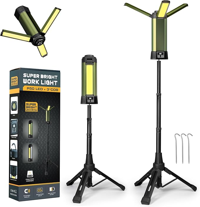 Rechargeable Work Light with Stand, Outdoor LED Cordless Camping Light with Portable Telescopic Bracket, 3.7 Ft Tall 6AH Battery, 2000 Lumen Construction Lights with Carrying Bag Green Medium