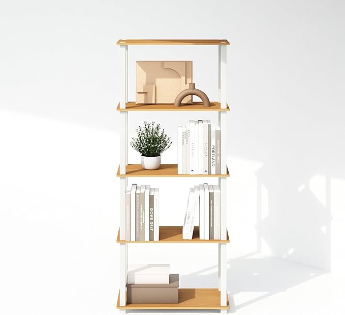Furinno Turn-S-Tube Storage Shelves Set of 2, 3-Tier Book Shelf, Corner Shelf, Toolless Open Shelves, Square Tubes, for Organization and Storage, Living Room, Garage, Home Office, Beech